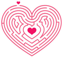 Romantic heart shaped maze puzzle with center love symbol