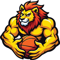Strong lion with basketball, fierce roaring jungle wild cat