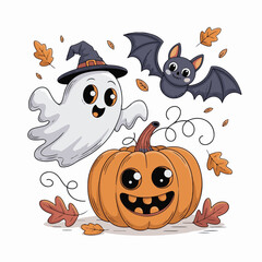 Cute Cartoon Ghosts and Halloween Pumpkins Vector Illustration
