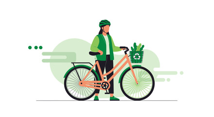 Eco-Friendly Bicyclist: Sustainable Transportation and Green Living Concept Illustration