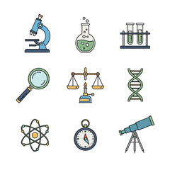 Science and Research Icons - Microscope, Beaker, DNA, and More.