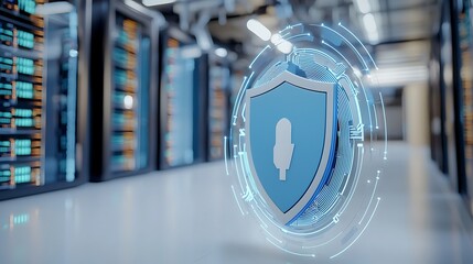 Digital shield symbol representing microphone protection in a modern data center with futuristic tech design elements