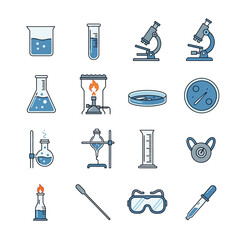 Science Lab Equipment Icons - Beaker, Test Tube, Microscope, Flask.