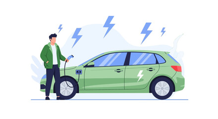 Electric Vehicle Charging Process Depicted With Person Holding Connector In Illustration