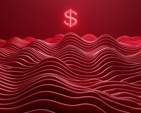 Abstract red wave pattern with neon dollar sign symbol representing finance and investment concepts in a modern style