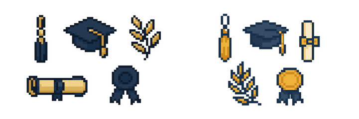 Obraz premium Pixel art collection of academic symbols featuring graduation caps, diplomas, wreaths, and awards in vibrant colors