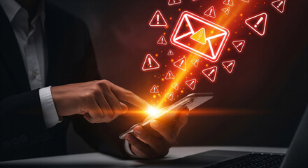 Urgent alerts flood smartphone as user navigates digital threats, highlighting cybersecurity risks in a modern business context.