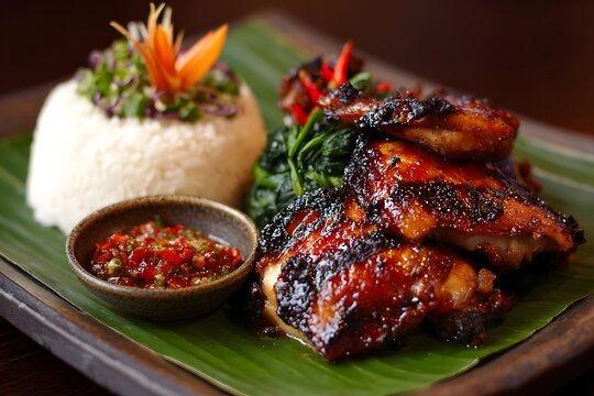 Ayam Taliwang - grilled spicy chicken glazed beautifully, plated with plecing kangkung, rice dome, and sambal in a tiny clay bowl,