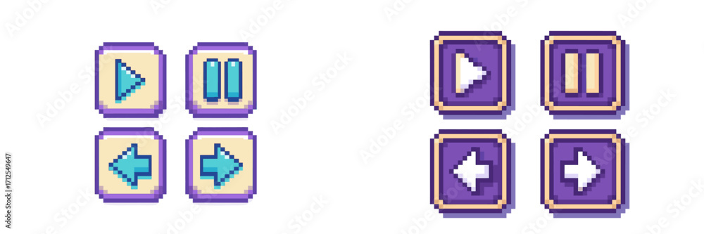Poster colorful pixel art control buttons displayed in a grid layout for gaming interface, featuring arrows