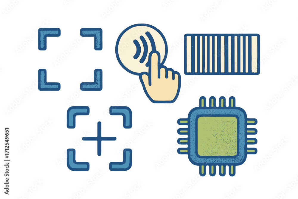 Aufkleber visual symbols representing technology and interaction with devices and digital interfaces in a mini