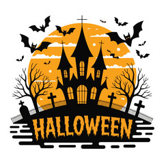 Spooky Haunted House with Bats and Graveyard for Halloween Night Illustration