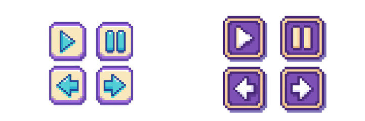 Colorful pixel art control buttons displayed in a grid layout for gaming interface, featuring arrows and pause functions
