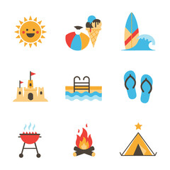Summer Vacation Icons Set - Sun, Beach, Ice Cream, Surfboard, Sandcastle, Pool, Flip Flops, Grill, Campfire, Tent.