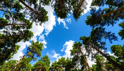 Looking up at a vibrant forest canopy. Sunny sky with fluffy clouds