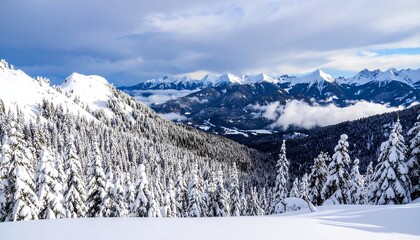 Snowy mountain range with pine forests. Winter landscape