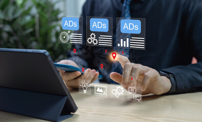 Digital marketing advertising analytics concept with businessman managing online campaigns, targeting customers, analyzing performance data and optimizing strategies for business growth and engagement