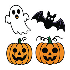 Cute Cartoon Ghosts and Halloween Pumpkins Vector Illustration