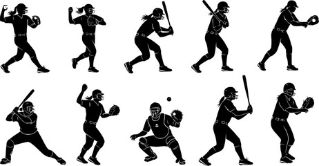 Softball player silhouettes, Softball silhouettes set