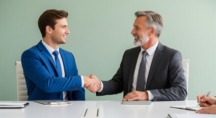 Fototapeta premium Two smiling businessmen shake hands across a modern conference table, sealing a deal and signifying partnership and success.