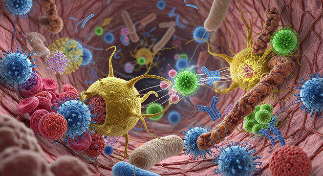 Exploring the intricate immune system response with neutrophils and macrophages battling pathogens