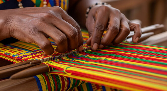 Female Ghanaian Kente cloth weaver skillfully interweaving vibrant threads on a traditional loom in her workshop