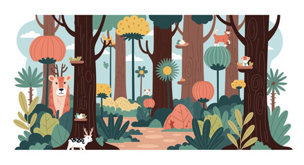Whimsical Forest Scene with Deer, Rabbit, and Squirrel.