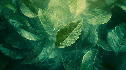 Close up of vibrant green mint leaves with soft bokeh background.