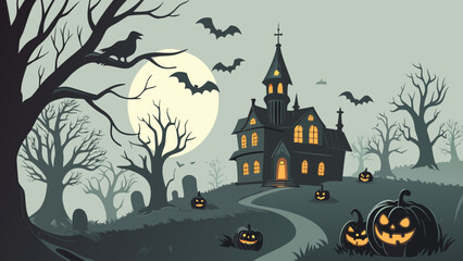 Haunted House Halloween Background with Pumpkins and Bats Vector