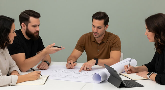 Diverse team collaborating on architectural blueprints in a modern office setting, brainstorming ideas for success