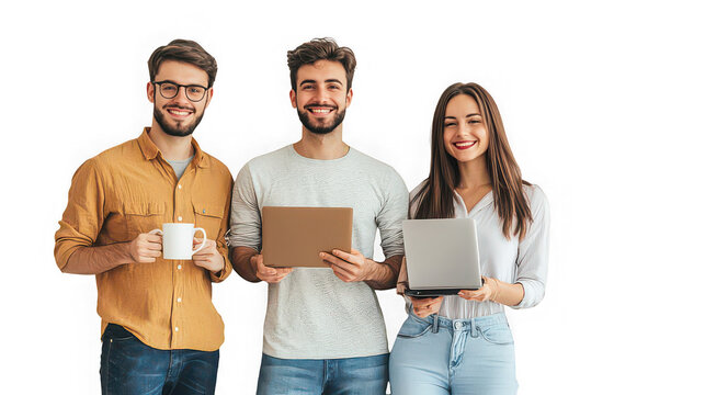 Three young professionals smiling and holding laptops in a modern office space - Powered by Adobe