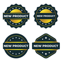 New Product Launch. Gold and Dark Blue Badges Set