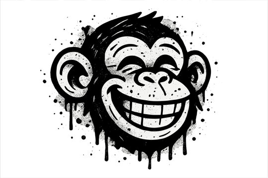 Happy monkey face in urban street art graffiti style. Cheerful chimpanzee character with a big smile. Vector illustration with spray paint drips and texture. NFT crypto art.