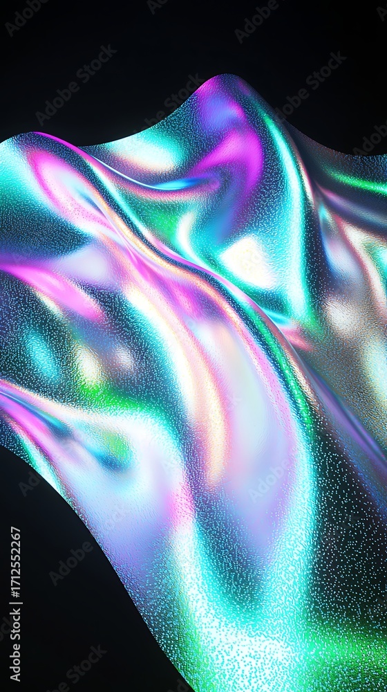 Poster colorful flowing abstract fabric texture with holographic sheen illuminated by soft light on dark ba