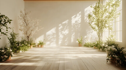 Empty room with plants and natural light, creating a serene and minimalist indoor garden.