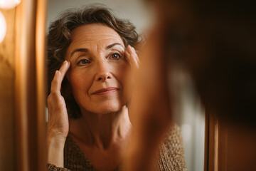 Woman examining her face in a mirror while performing a skincare routine in a bright, cozy bathroom setting