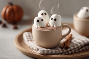 Delightful Halloween hot chocolate with marshmallow ghosts and autumn decorations