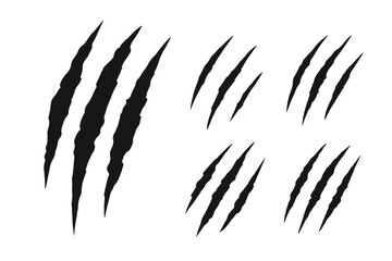 Claw scratch marks set. Monster, tiger, bear animal claws slash. Vector silhouette illustration. Rip, tear damage effect. Horror, Halloween design element. Wild attack trace.