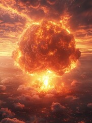 Fiery Explosion Creating a Mushroom Cloud Above a City From Aerial View