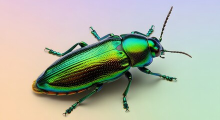 A radiant jewel beetle in a macro studio photograph, showcasing its stunning iridescent green metallic exoskeleton on a soft gradient background