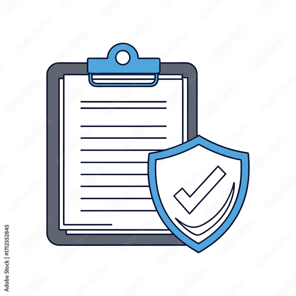 Poster clipboard with document and blue shield with checkmark symbol paper security