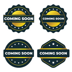 Coming Soon Badges. Gold and Dark Blue Labels  Seals  and Vector Graphics
