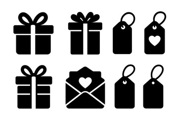 Vector gift icon set with presents, gift boxes with ribbons, and price tags. Black silhouette illustration collection for birthdays, holidays, and sales. Includes love letter.