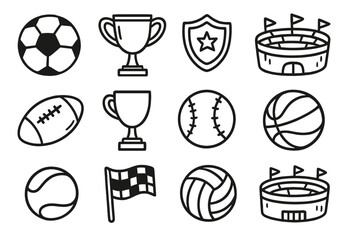 Sports tournament doodle icon set. Hand drawn vector line art illustration. Collection of game equipment, trophy cup, award, stadium, soccer, football, baseball, basketball.