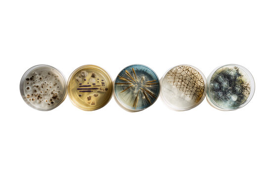 Perri Dishes with Various Mold and Bacteria Colonies on Transparent Background