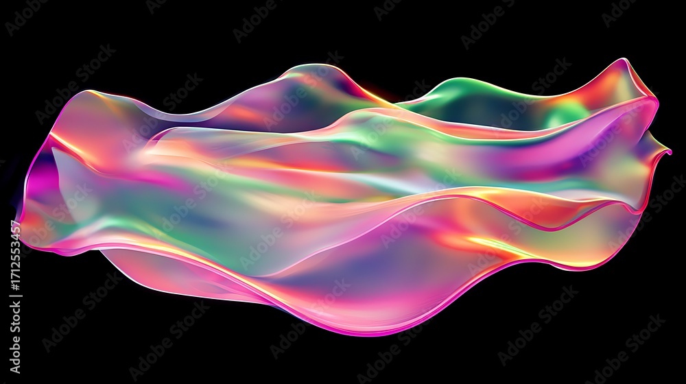 Poster colorful abstract wave design with smooth flowing shapes in vibrant hues and reflections on a black 