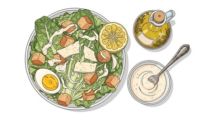 Delicious Caesar Salad with Egg and Lemon Slice.