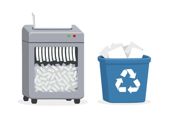 Office paper shredder destroying documents and recycle bin for paper waste. Concept data security, confidential information protection, and ecology recycling. Flat vector illustration.