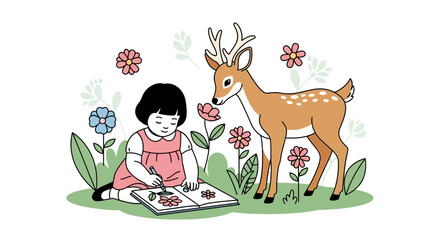 Obraz premium Girl And Deer Enjoy A Day Of Art And Nature With Flowers And Greenery