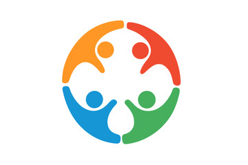 Teamwork diversity logo with people in a circle. Metaphor for community, unity, and social connection. Colorful abstract group of 4 holding hands. Vector symbol for support and togetherness.