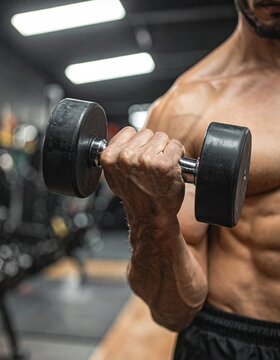 mano y antebrazo musculoso sosteniendo una mancuerna durante ejercicios en el gimnasio